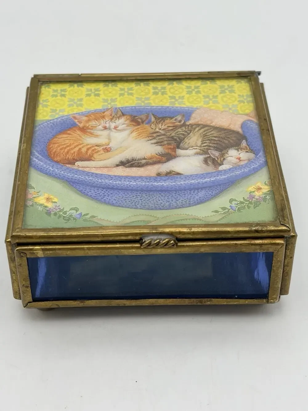Vtg Via Vermont Stained Glass & Brass Mirrored Sleeping Cats Jewelry Trinket Box